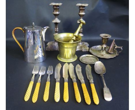 A Pair of Silver Plated 23cm Candlesticks, chamberstick, etc. 