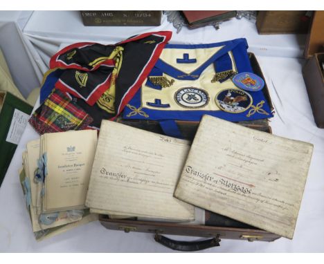 Leather Case containing Masonic Apron and Sash.  West Lancashire.  Indentures and ephemera. 