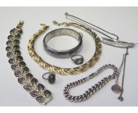 A Hallmarked Silver Hinged Bangle with chased foliate decoration, silver curb link bracelet, other silver and costume, 78g we