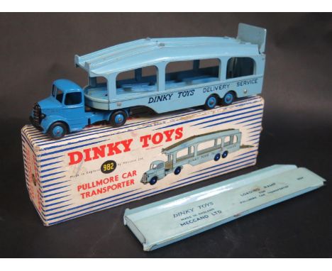 A Dinky Toys No. 982 Pullmore Car Transporter, Mid blue cab, light blue trailer (very good in good box) and No. 994 ramp 