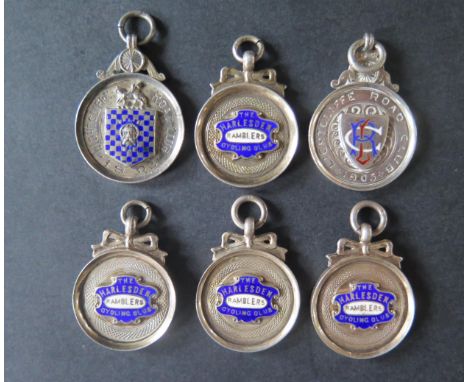 Six Silver and Enamel Cycling Fobs including Harlsesden and Lightcliffe, 55g 