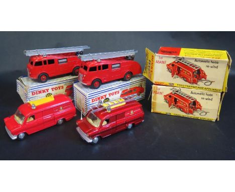 Two Dinky Toys No. 286 Ford Transit Fire Appliance Vehicles variations (excellent, one missing ladder in poor boxes), No. 555