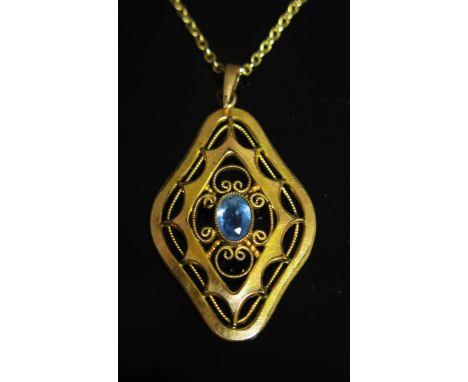 A Kollmar and Jourdan Light Blue Stone Mounted Pendant (44mm drop, 2.8g, arrow mark) and on a 18.5" chain (probably 15ct, 4.3