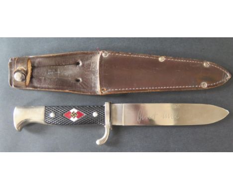 German Hitler Youth type Knife. Blade with RZM M7/2 1937,  Leather Scabbard. 