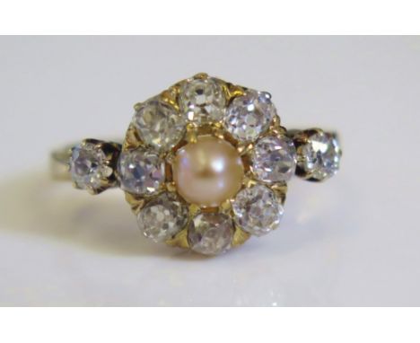 An 18ct Gold, Pearl and Diamond Cluster Ring, 11mm cluster, 16.5mm head, size I, 2.9g 