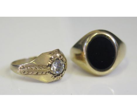 A 9ct Gold and Black Onyx Signet Ring (size R.5, 4.2g) and 9ct gold single white stone dress ring (size O, 2.5g 