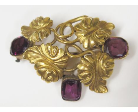 A Cased Victorian 'Vine &amp; Grape' Amethyst and Gilt Metal Brooch, 43mm wide, 7.8g 