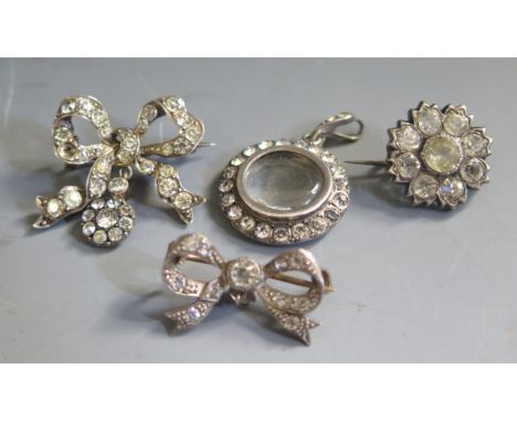 A Selection of Silver and Paste Jewellery including a locket back pendant (21mm diam.), two ribbon brooches (largest 26mm wid