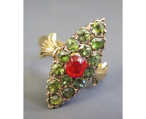 An Antique Almandine Garnet and Cabochon Red Stone Marquis Ring in an unmarked high carat gold setting, size K.5, 2.9g
