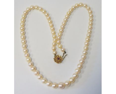 A 19" Cultured Pearl Necklace with 9ct gold and ruby clasp 