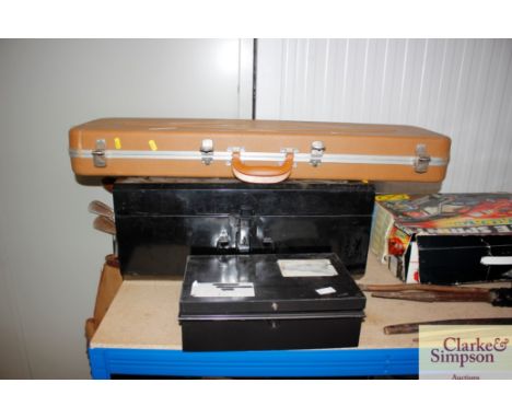 A Sunguard carrying case, metal strong box and metal trunk