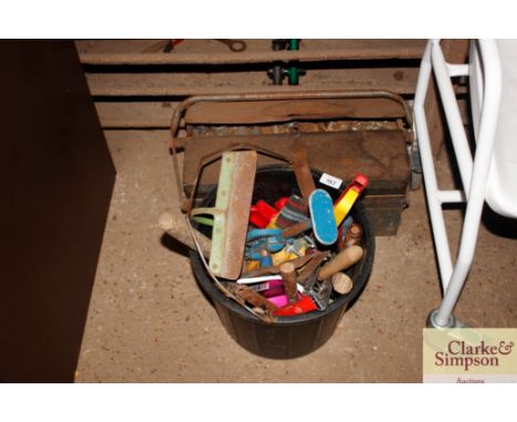 A cantilever toolbox and contents; and a plastic bucket and various contents of garden and other hand tools