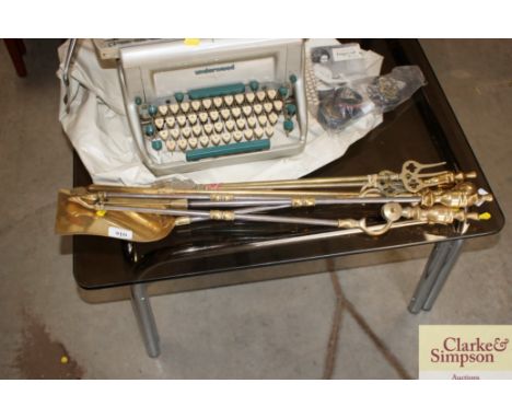Various brass and steel fire implements; toasting fork etc.