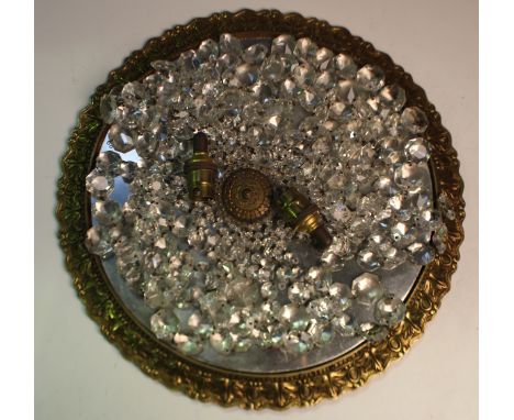 A mid-20th century gilt metal and cut glass circular ceiling light with mirrored top and twin light fitting, diameter 41cm.Bu