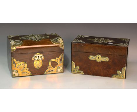 A late Victorian walnut tea caddy with overall Gothic style brass and ivory mounts, width 22.5cm, together with another simil
