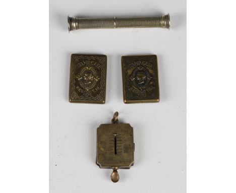 A 19th century brass combination stamp box and scale with fob suspension ring, length 3.5cm, two 19th century brass stamp cas