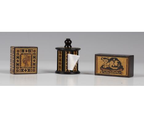 Three pieces of Victorian Tunbridge ware, comprising a stamp box, length 4.1cm, a box decorated with a cat, length 5.8cm, and