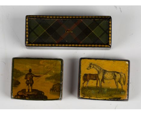 Three 19th century Tartan ware miniature boxes, comprising a Leslie tartan dominoes box, length 5.5cm, and two snuff boxes, o