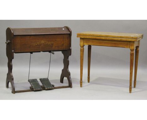 A late 19th century Continental satin birch fold-over card table with chequer stringing, height 74cm, width 80cm, depth 40cm,