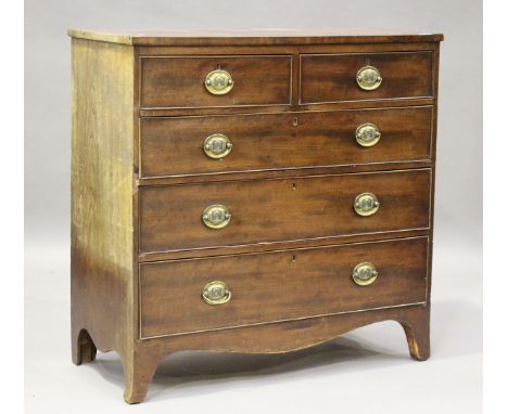 A George III mahogany and crossbanded chest of two short and three long oak-lined drawers, on bracket feet, height 104cm, wid
