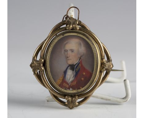 19th century British School - a watercolour on ivory portrait miniature of a military gentleman, 3.5cm x 2.8cm, mounted withi