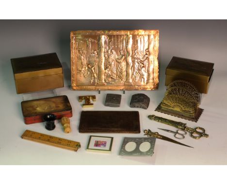A group of collectors' items, including a rectangular copper plaque, depicting a biblical scene, detailed 'Henning. F. May 2 