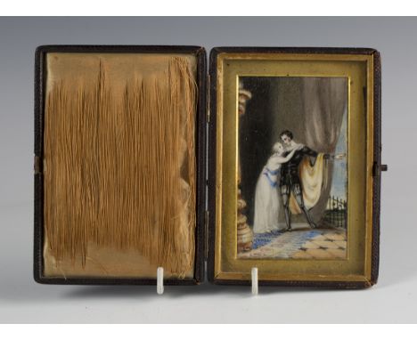 E.C. Wood - a late 19th century miniature watercolour on ivory portrait of a couple standing within the entrance of a manor h