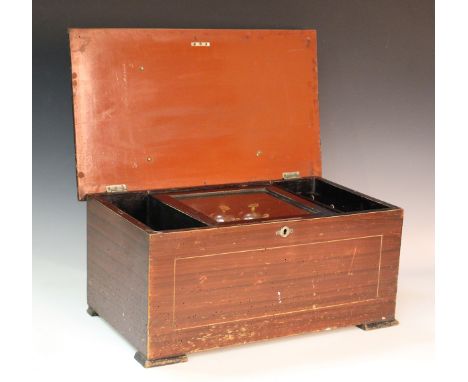 A 19th century Swiss music box, the lever-wind mechanism playing ten airs on a 16cm cylinder and three bells, within a distre