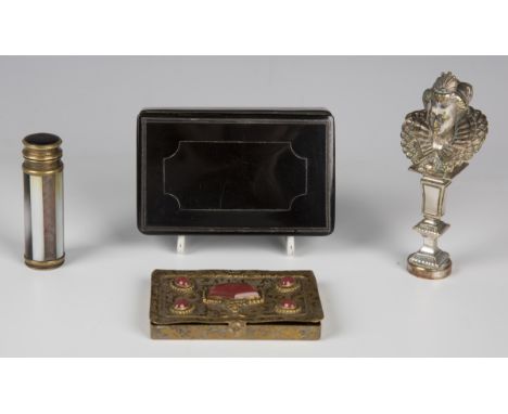 An early 20th century brass and mother-of-pearl pocket atomizer with spring-loaded pump-action top, closed length 6.2cm, toge