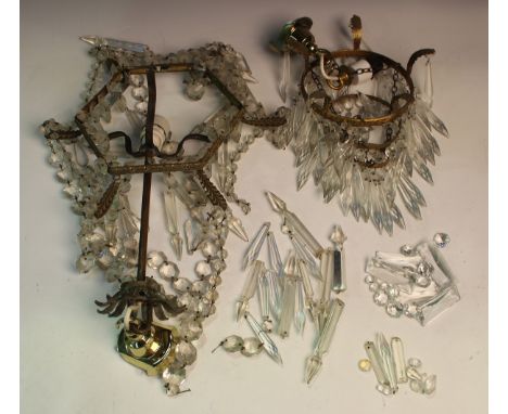 A mid-20th century gilt metal and cut glass hexagonal ceiling light, width 22cm, together with a similar circular ceiling lig