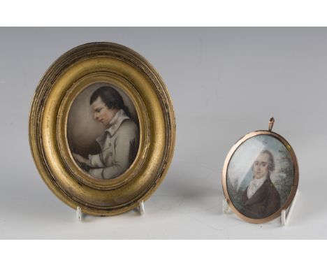 A 19th century watercolour on ivory portrait miniature of a gentleman wearing a brown jacket, bearing spurious signature 'T. 