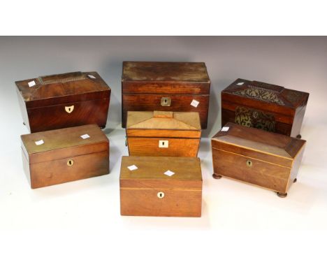 A Regency rosewood and brass inlaid tea caddy of sarcophagus form, width 20.3cm, together with six other Regency and later te