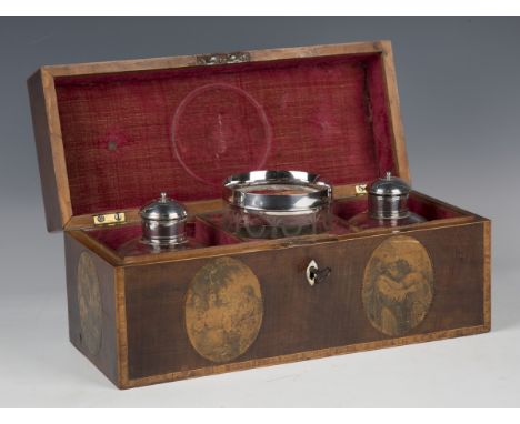 A George III mahogany and tulipwood crossbanded tea caddy, the hinged lid and sides with applied and printed oval panels depi