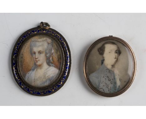 18th century British School - a watercolour on ivory portrait miniature of a gentleman wearing a pale blue jacket, initialled