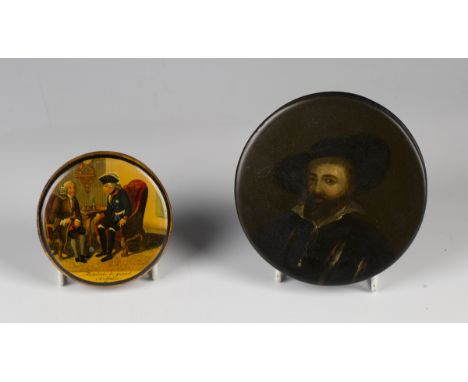 A George IV papier-mâché circular snuff box and cover, painted with a portrait of a medieval gentleman, the interior inscribe