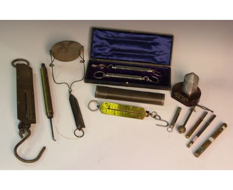 A group of mainly early 20th century spring balance scales, including a cased pair of chrome plated Salter scales, a Salter G