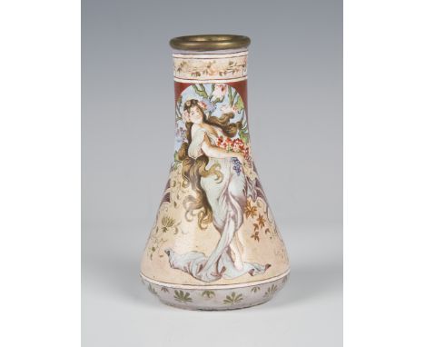 An Art Nouveau Viennese enamel vase, the low-bellied body and tapered cylindrical neck painted with a flower maiden opposing 