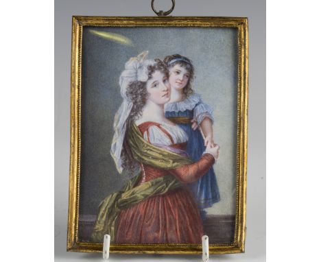 After Elizabeth Vigée Le Brun - Madame Rousseau and her daughter, a 19th century watercolour on ivory portrait miniature, 12.