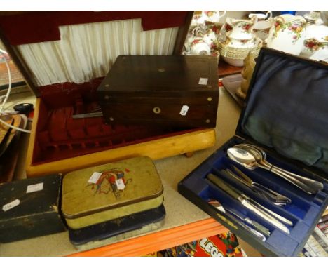 Cutlery box (empty), small mother of pearl inlaid box, vintage tins, flatware together with vintage wooden jigsaw puzzle, tin