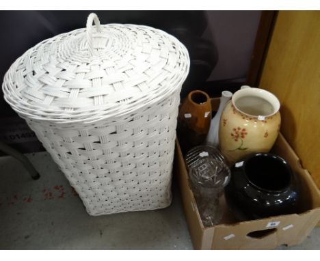 A modern white painted linen basket, toilet roll holder, bin ETC together with a collection of glass and ceramic vases