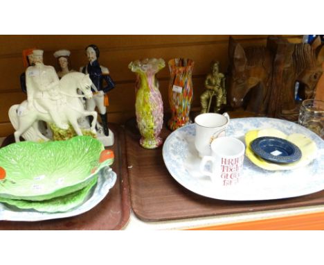 Two trays of assorted china, glass to include Staffordshire flat backs, marbled glass vases, Beswick salad dishes, blue &amp;