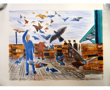 ALISTAIR GRANT unframed Guinness lithograph (unframed) - entitled 'Pigeon Racing', 38 x 50cms Condition reports provided on r