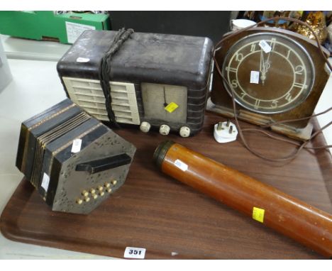 Vintage Bakelite radio, Smith's mantel clock, small accordion and a telescope and vintage model railway parts Condition repor