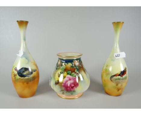 A Royal Worcester footed vase of lobed form and with narrow neck decorated with yellow and pink roses, 9cms high; together wi