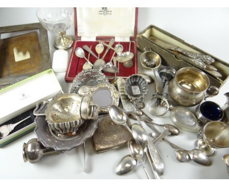 Box of assorted silver and silver plate to include strainer, photograph frame, loose cutlery, small cream jug, sucrier, cased