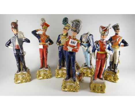 A collection of seven Capodimonte ceramic figures modelled as British military officers of the late eighteenth century and ea
