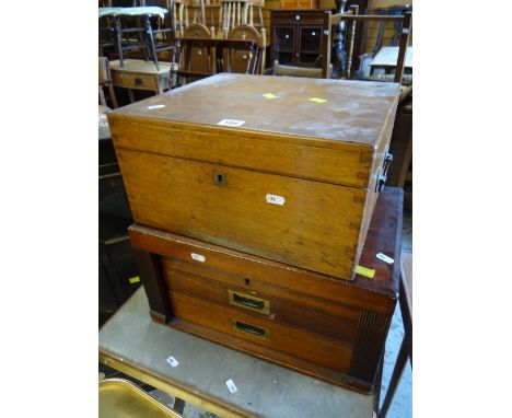 Two-drawer hinged lidded cutlery box with brass carry handles (empty) together with a similar wooden case with carry handles 