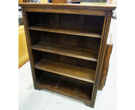 A vintage dark oak open four-shelf bookcase, 91cms wide x 115cms high Condition reports provided on request by email for this