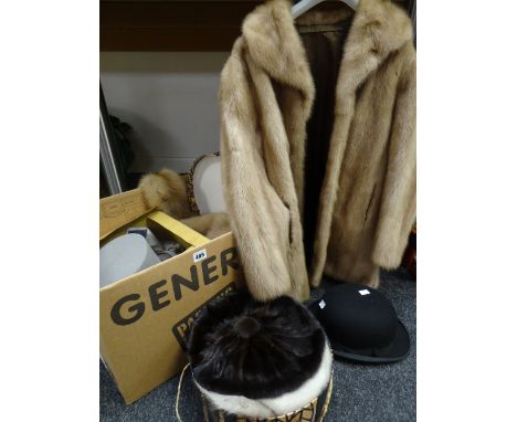 A vintage silk lined light fur believed mink jacket and matching stole together with a hat box containing numerous fur hats a