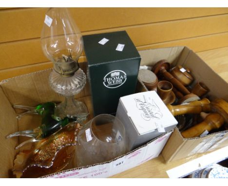 Collection of treen items, candlesticks, coloured glassware, small oil lamp ETC Condition reports provided on request by emai